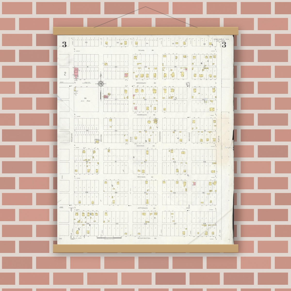 Old map wall art mockup — magnetic wood frame on brick wall — Sanborn Fire Insurance Map from Newcastle, Young County, Texas (1933), Sheet #0003
