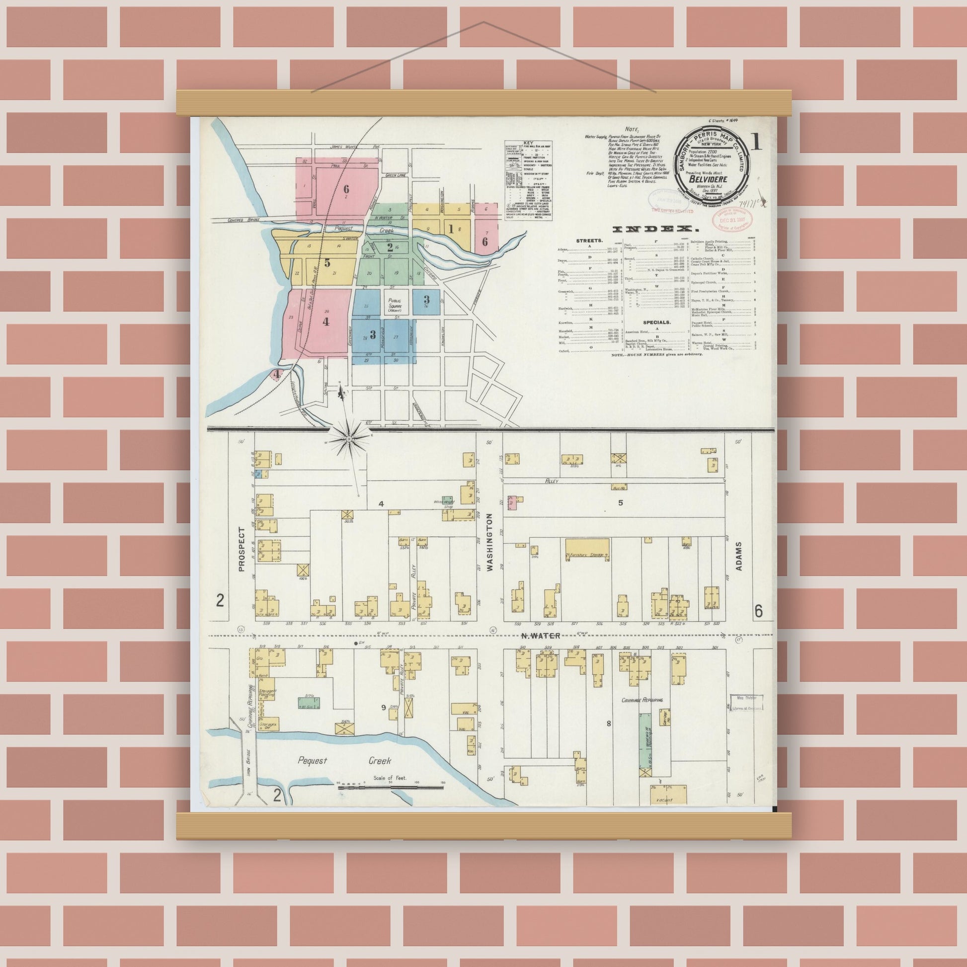 Old map wall art mockup — magnetic wood frame on brick wall — Sanborn Fire Insurance Map from Belvidere, Warren County, New Jersey (1897) - Complete Map Set