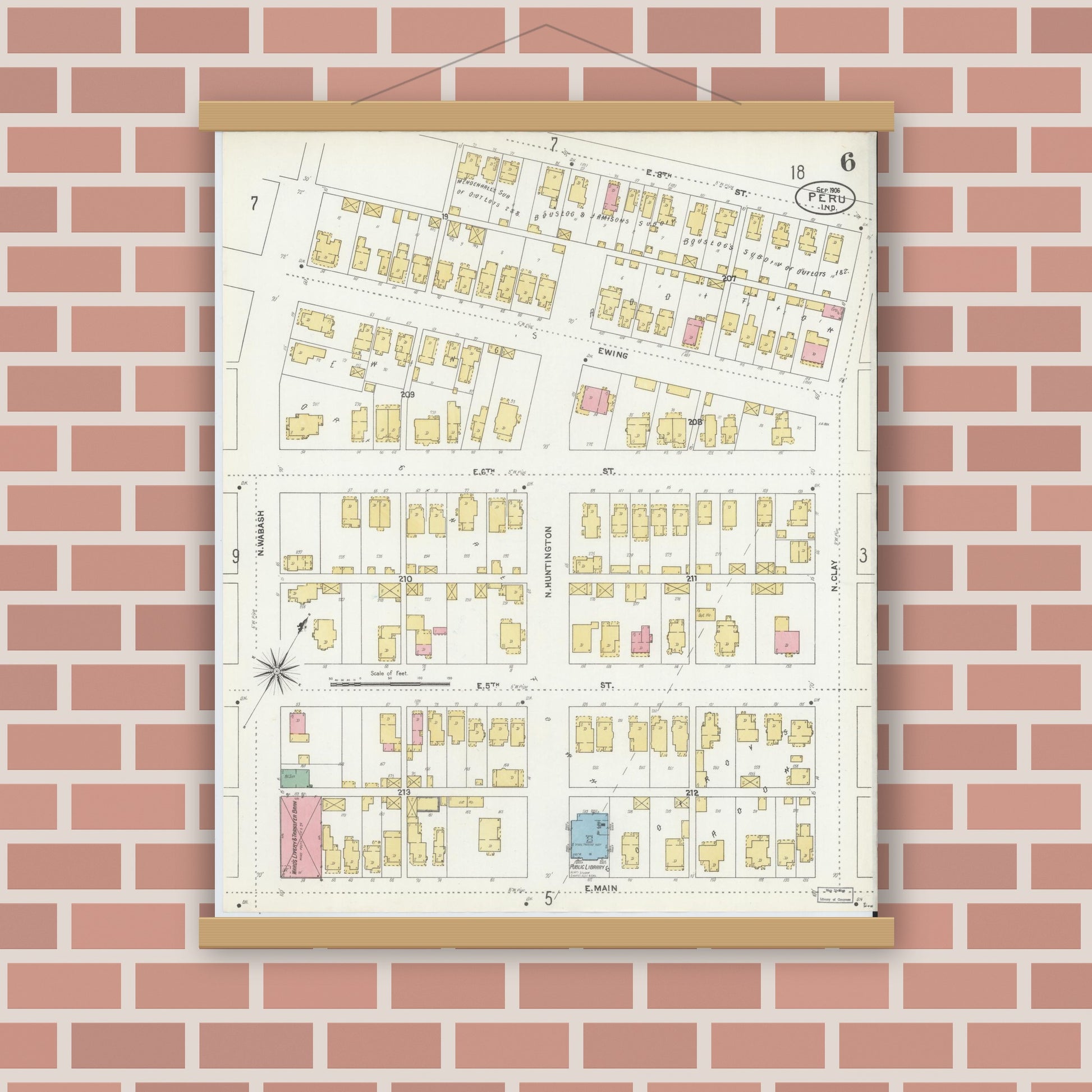 Old map wall art mockup — magnetic wood frame on brick wall — Sanborn Fire Insurance Map from Peru, Miami County, Indiana (1906), Sheet #0006