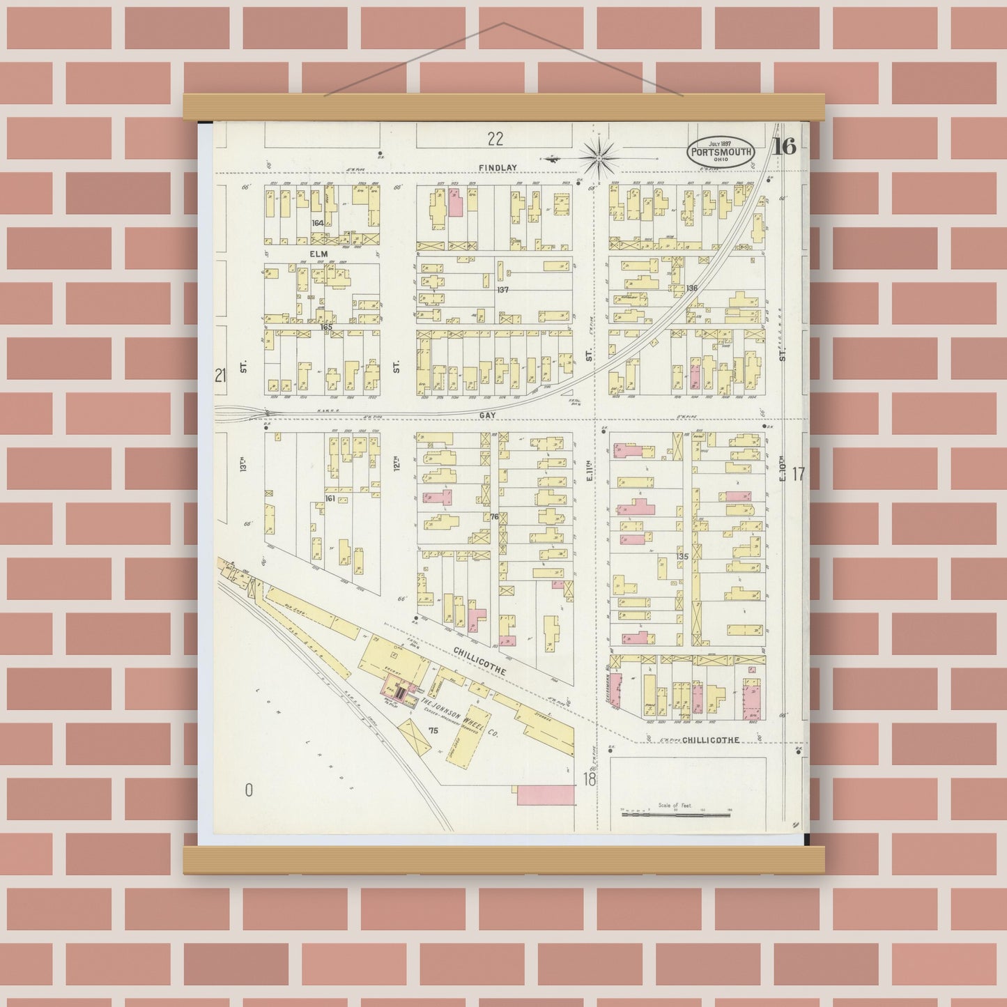 Old map wall art mockup — magnetic wood frame on brick wall — Sanborn Fire Insurance Map from Portsmouth, Scioto County, Ohio (1897), Sheet #0016