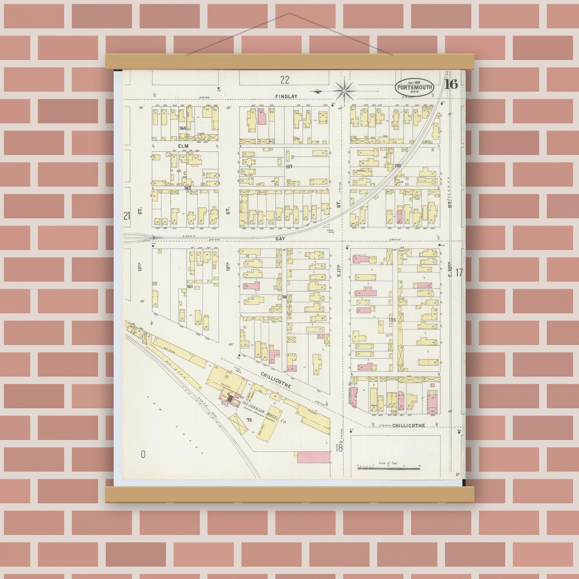 Old map wall art mockup — magnetic wood frame on brick wall — Sanborn Fire Insurance Map from Portsmouth, Scioto County, Ohio (1897), Sheet #0016