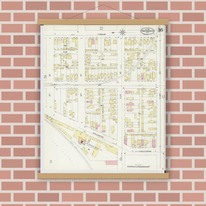 Old map wall art mockup — magnetic wood frame on brick wall — Sanborn Fire Insurance Map from Portsmouth, Scioto County, Ohio (1897), Sheet #0016