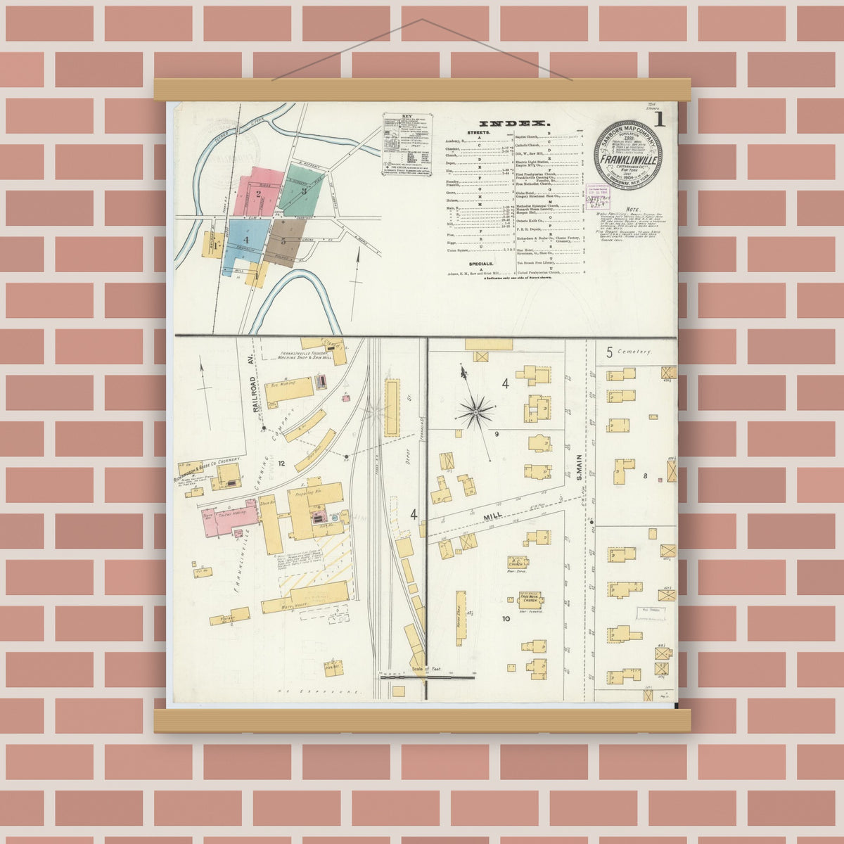 Old map wall art mockup — magnetic wood frame on brick wall — Sanborn Fire Insurance Map from Franklinville, Cattaraugus County, New York (1904), Sheet #0001