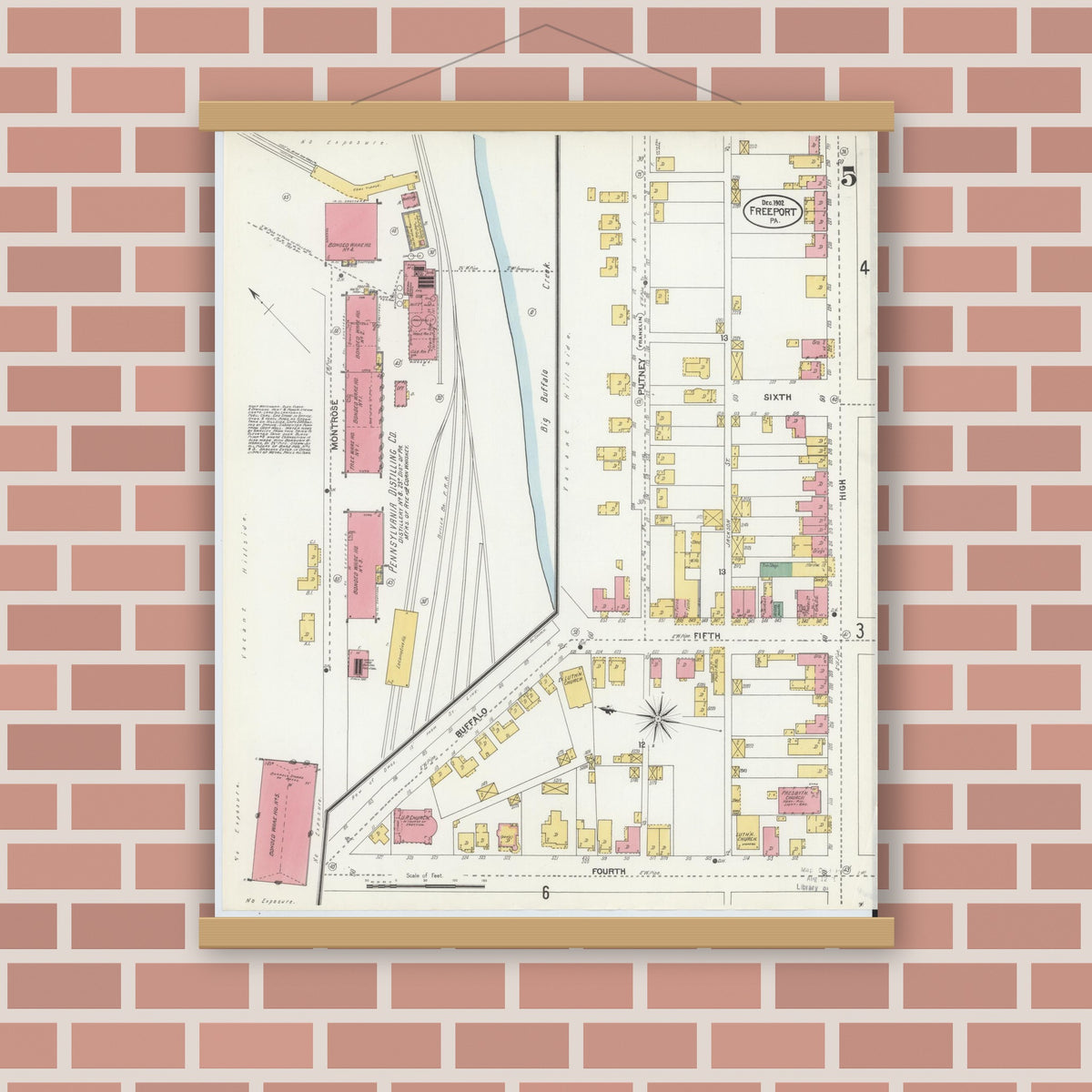 Old map wall art mockup — magnetic wood frame on brick wall — Sanborn Fire Insurance Map from Freeport, Armstrong County, Pennsylvania (1902), Sheet #0005