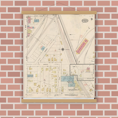 Old map wall art mockup — magnetic wood frame on brick wall — Sanborn Fire Insurance Map from Durand, Shiawassee County, Michigan (1944), Sheet #0009