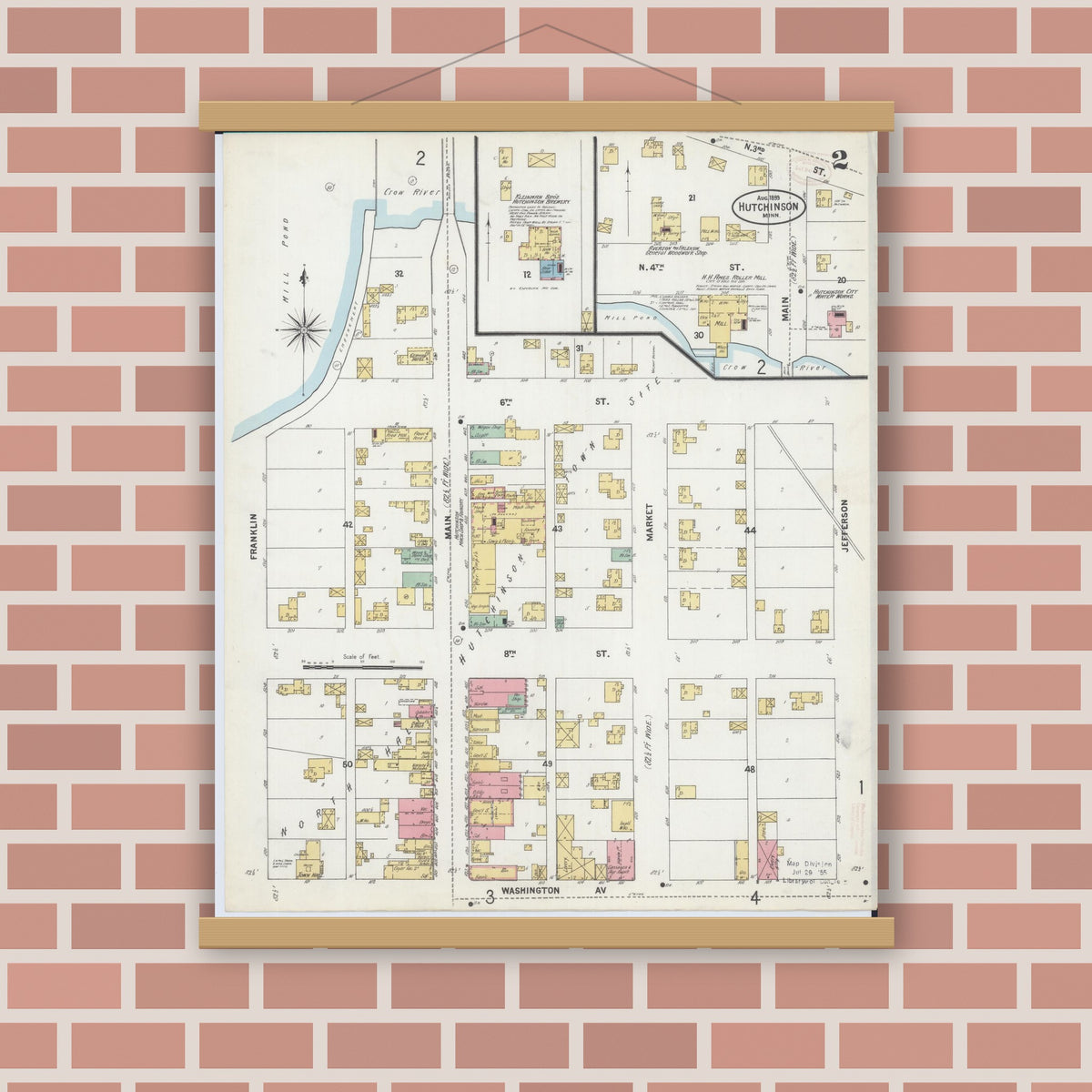 Old map wall art mockup — magnetic wood frame on brick wall — Sanborn Fire Insurance Map from Hutchinson, Mcleod County, Minnesota (1899), Sheet #0002