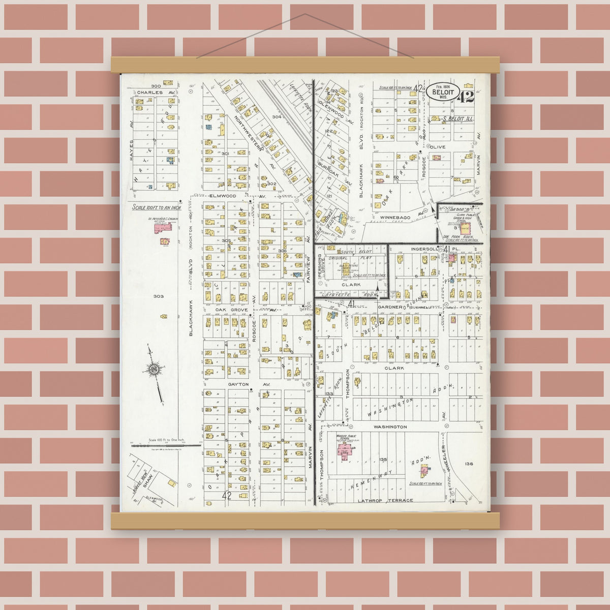 Old map wall art mockup — magnetic wood frame on brick wall — Sanborn Fire Insurance Map from Beloit, Rock County, Wisconsin (1926), Sheet #0042