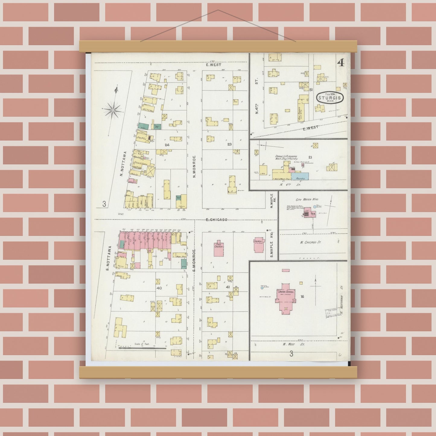 Old map wall art mockup — magnetic wood frame on brick wall — Sanborn Fire Insurance Map from Sturgis, Saint Joseph County, Michigan (1895), Sheet #0004