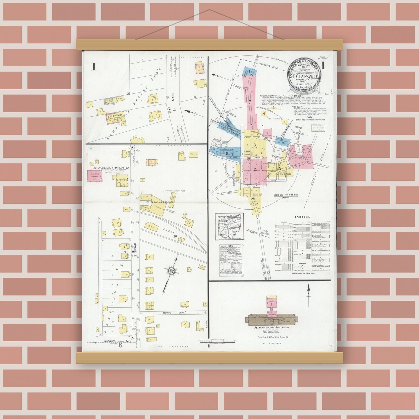 Old map wall art mockup — magnetic wood frame on brick wall — Sanborn Fire Insurance Map from Saint Clairsville, Belmont County, Ohio (1929) - Complete Map Set