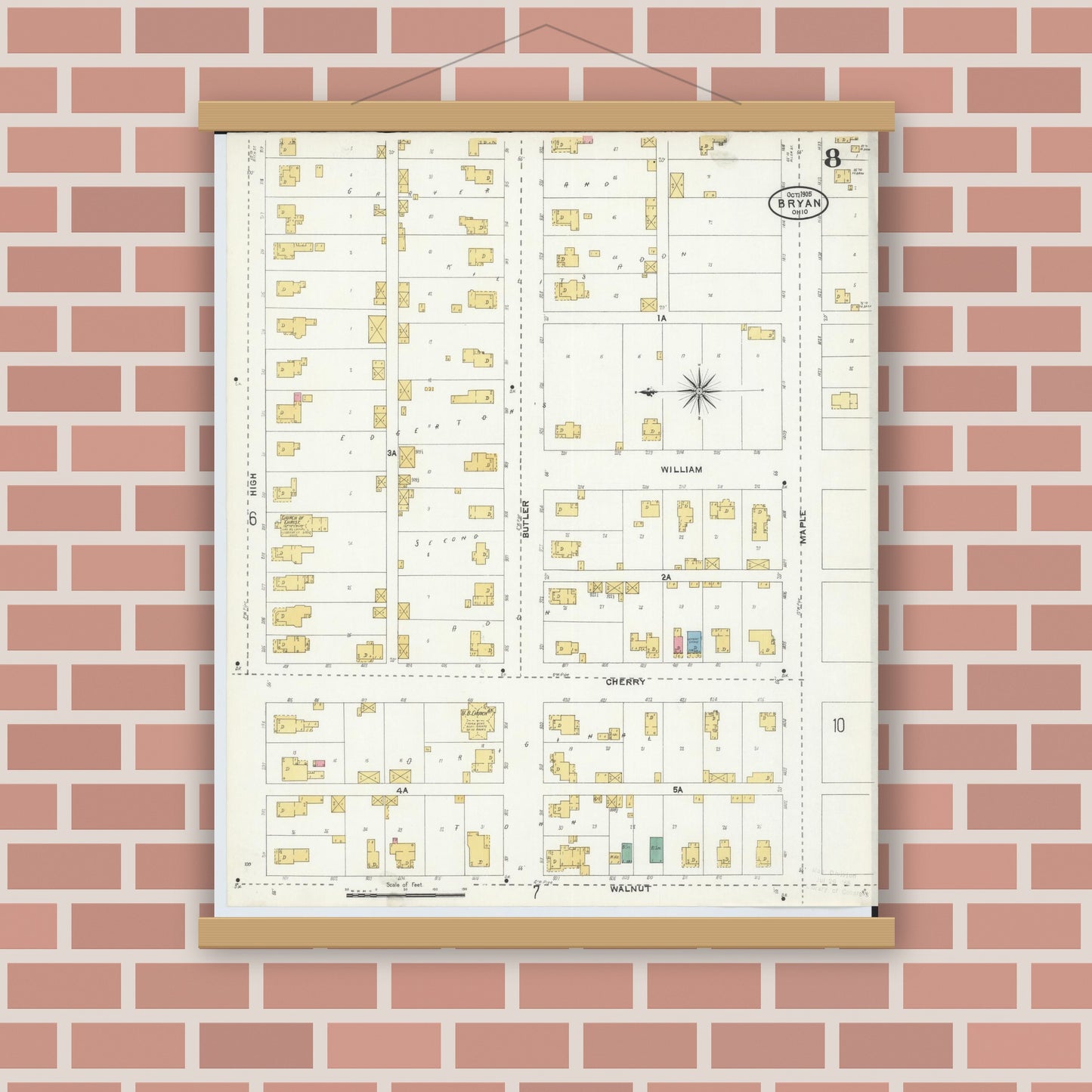 Old map wall art mockup — magnetic wood frame on brick wall — Sanborn Fire Insurance Map from Bryan, Williams County, Ohio (1905), Sheet #0008