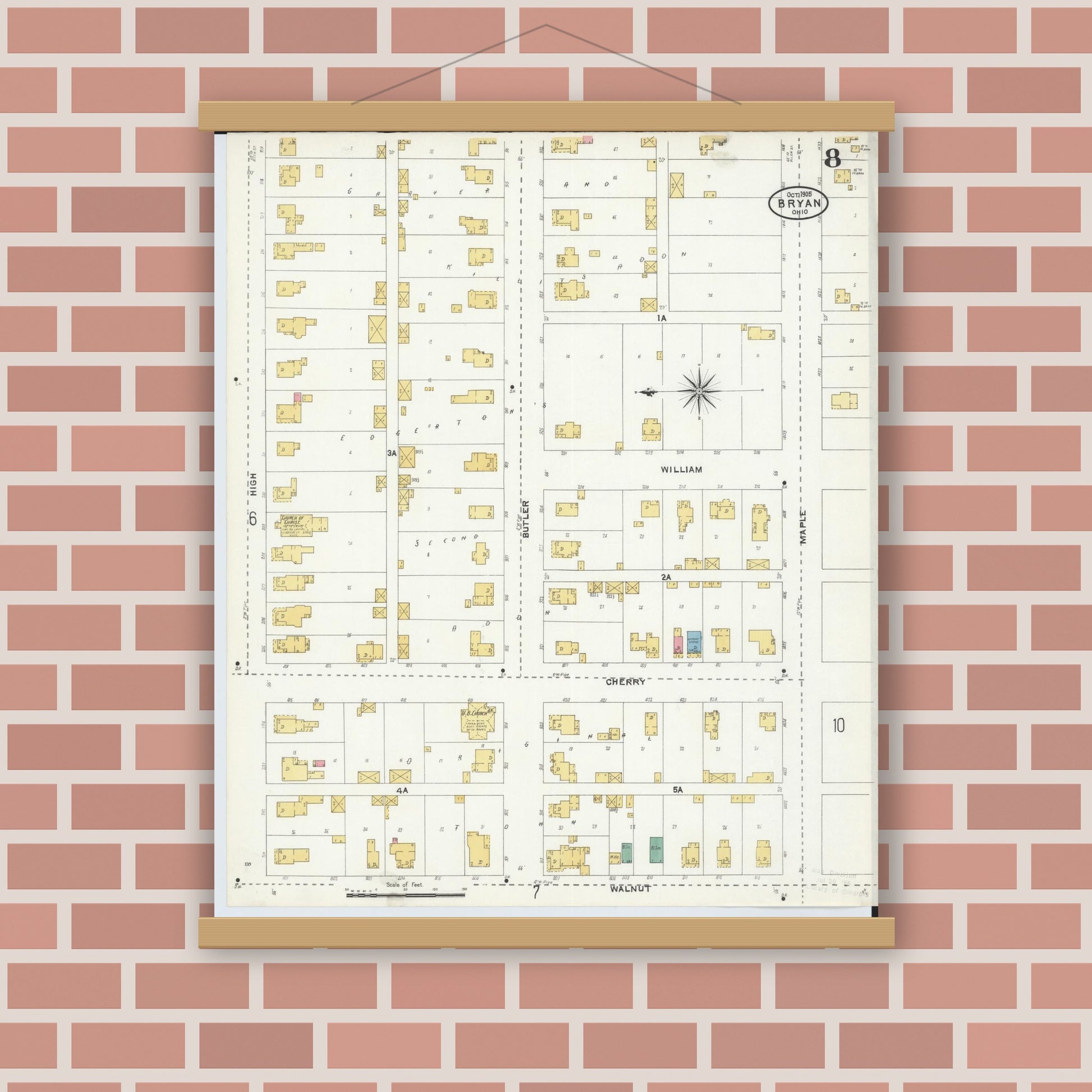 Old map wall art mockup — magnetic wood frame on brick wall — Sanborn Fire Insurance Map from Bryan, Williams County, Ohio (1905), Sheet #0008