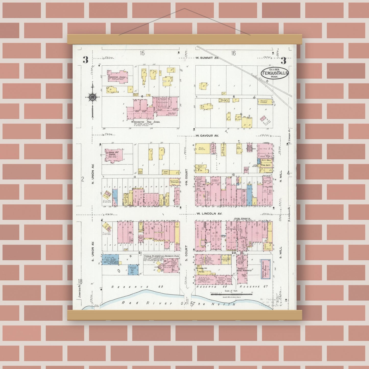 Old map wall art mockup — magnetic wood frame on brick wall — Sanborn Fire Insurance Map from Fergus Falls, Otter Tail County, Minnesota (1924), Sheet #0003