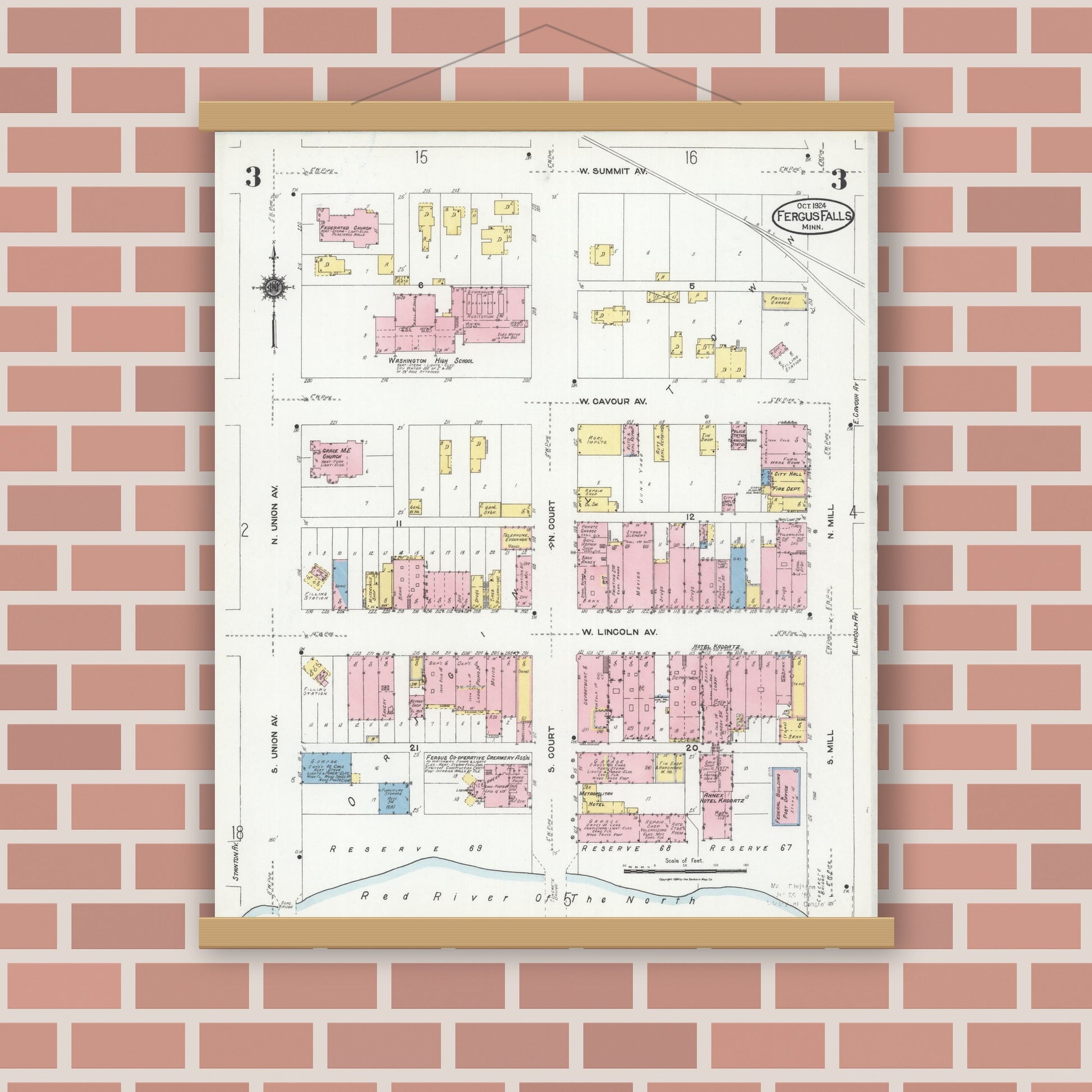 Old map wall art mockup — magnetic wood frame on brick wall — Sanborn Fire Insurance Map from Fergus Falls, Otter Tail County, Minnesota (1924), Sheet #0003