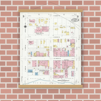 Old map wall art mockup — magnetic wood frame on brick wall — Sanborn Fire Insurance Map from Fergus Falls, Otter Tail County, Minnesota (1924), Sheet #0003