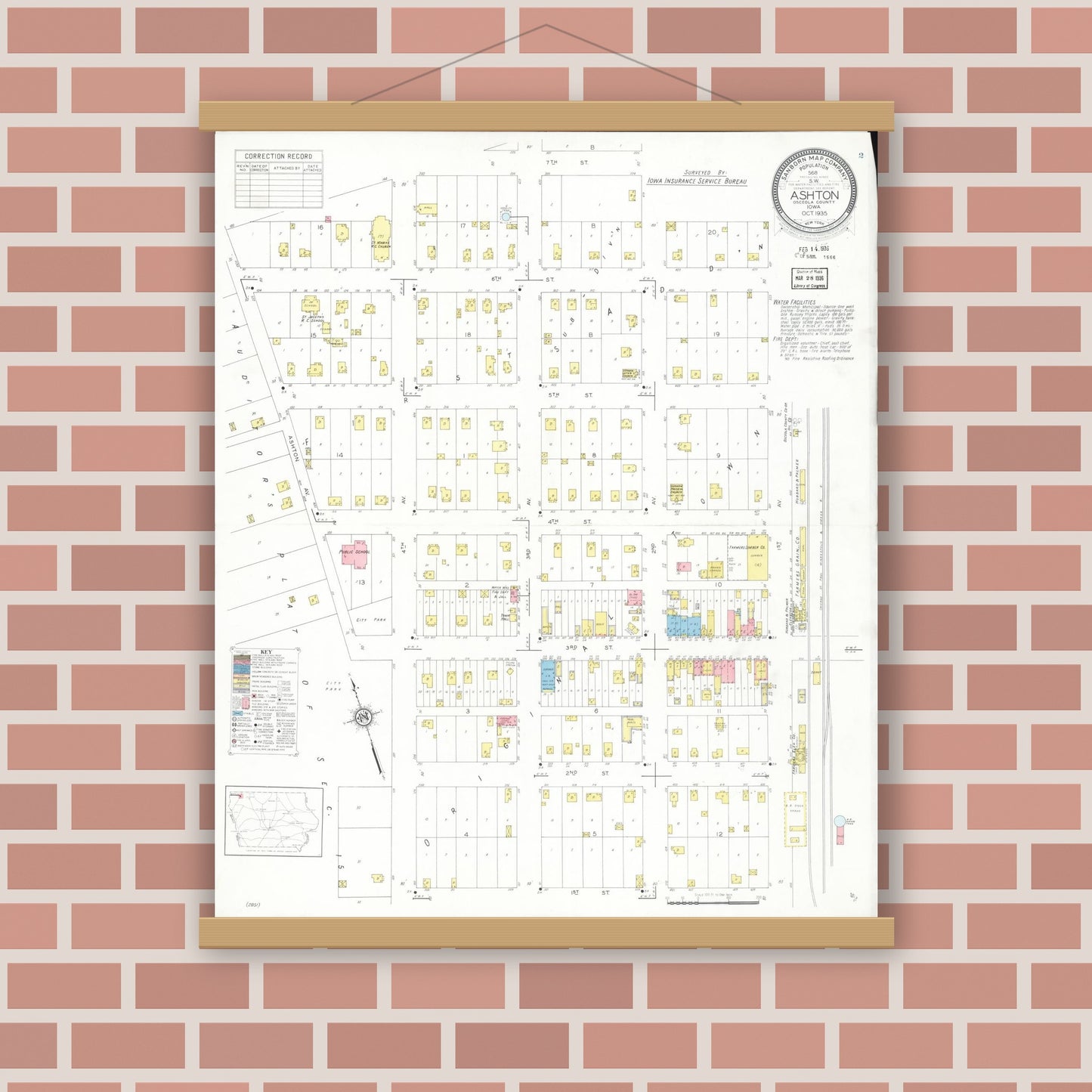 Old map wall art mockup — magnetic wood frame on brick wall — Sanborn Fire Insurance Map from Ashton, Osceola County, Iowa (1935), Sheet #0001