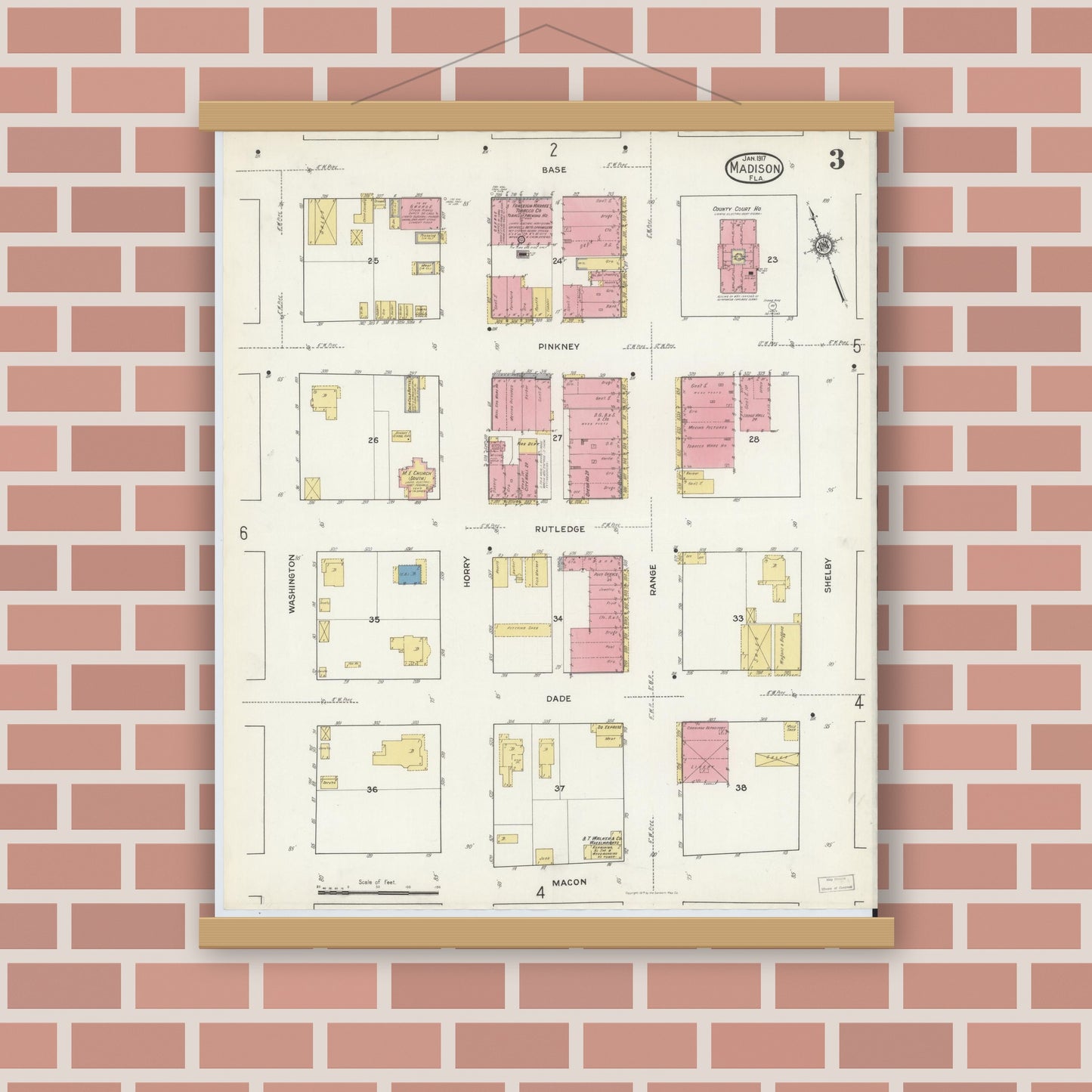 Old map wall art mockup — magnetic wood frame on brick wall — Sanborn Fire Insurance Map from Madison, Madison County, Florida (1917), Sheet #0003