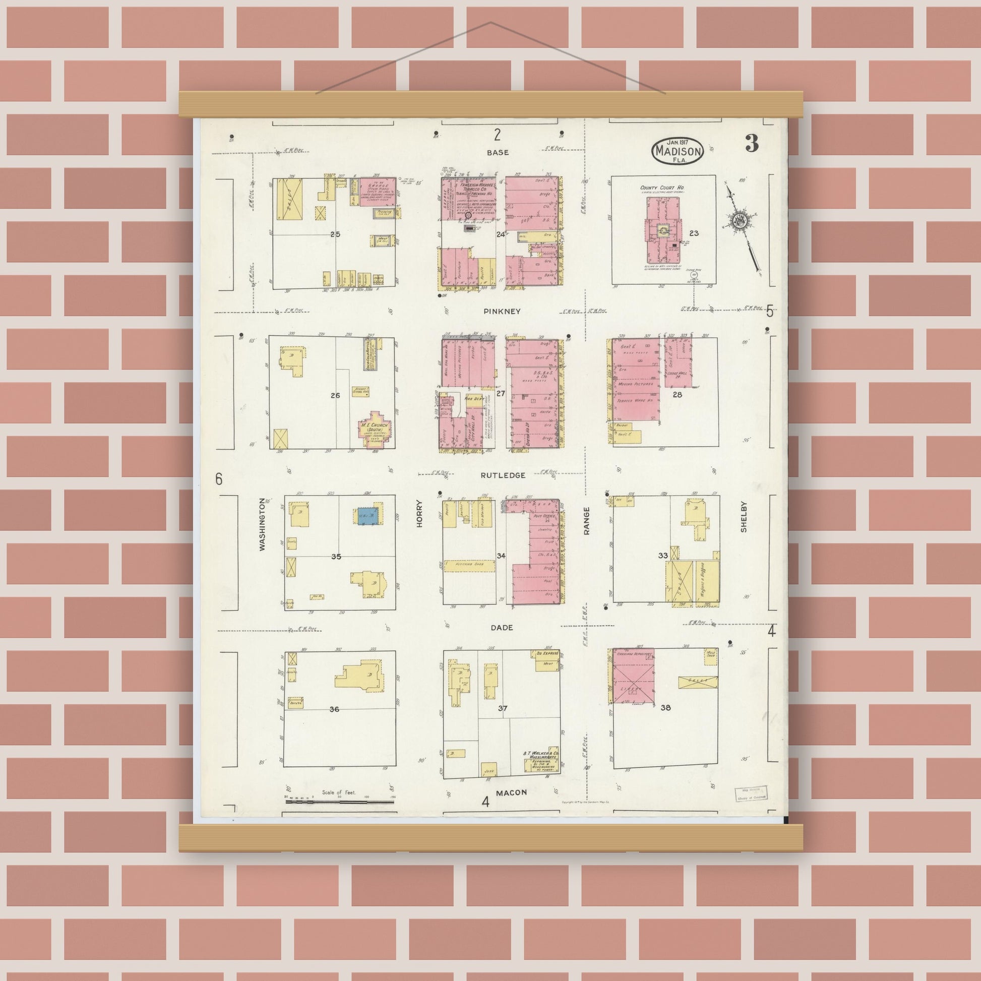 Old map wall art mockup — magnetic wood frame on brick wall — Sanborn Fire Insurance Map from Madison, Madison County, Florida (1917), Sheet #0003