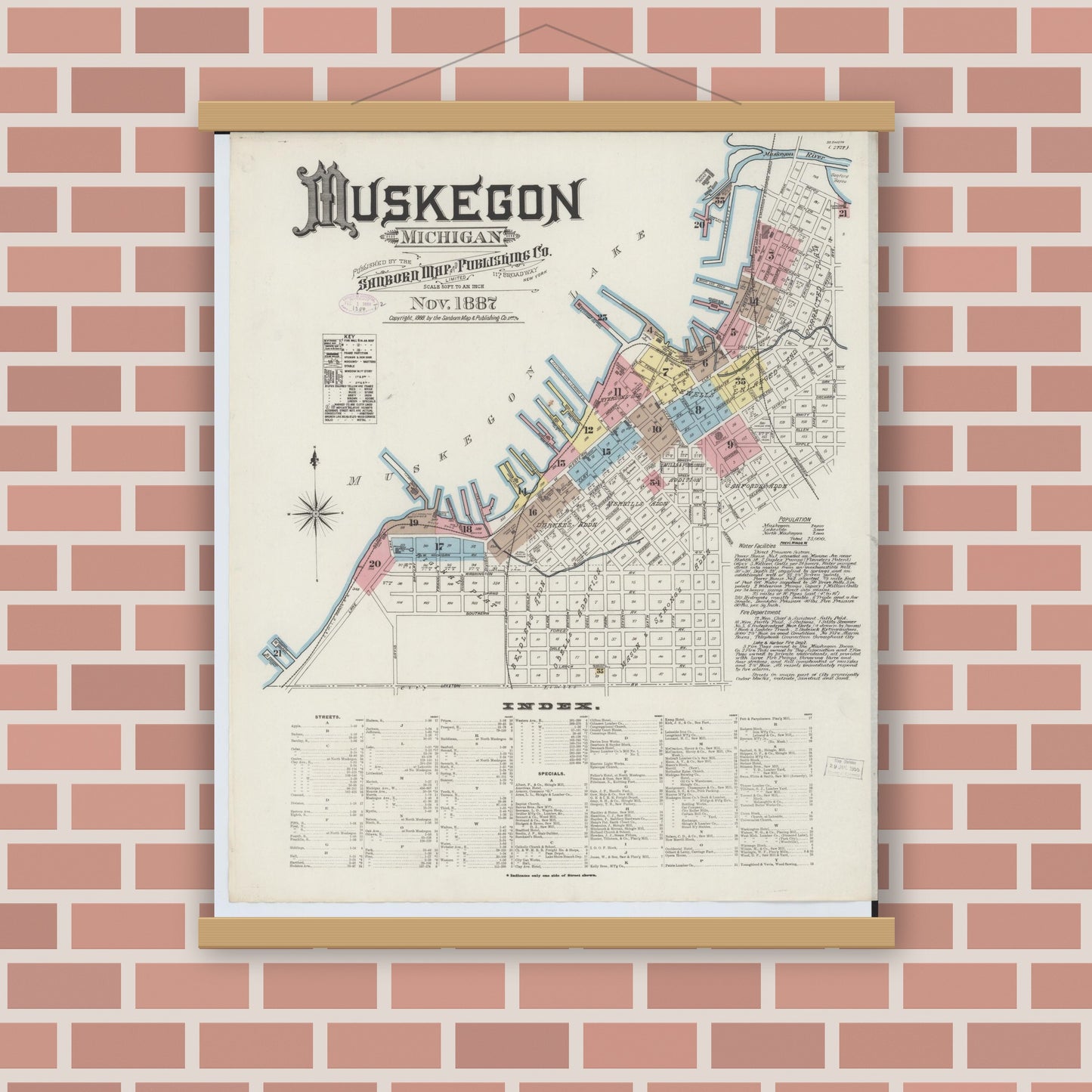 Old map wall art mockup — magnetic wood frame on brick wall — Sanborn Fire Insurance Map from Muskegon, Muskegon County, Michigan (1887) - Complete Map Set