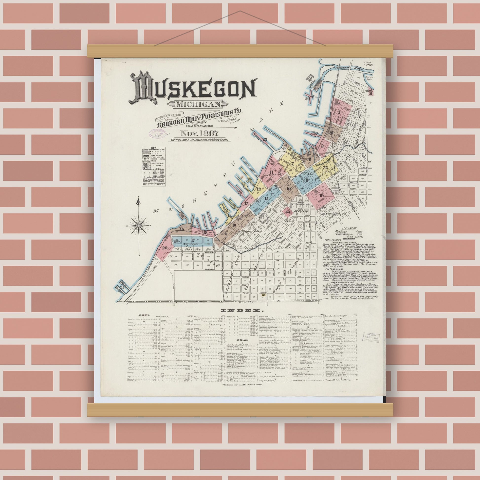 Old map wall art mockup — magnetic wood frame on brick wall — Sanborn Fire Insurance Map from Muskegon, Muskegon County, Michigan (1887) - Complete Map Set