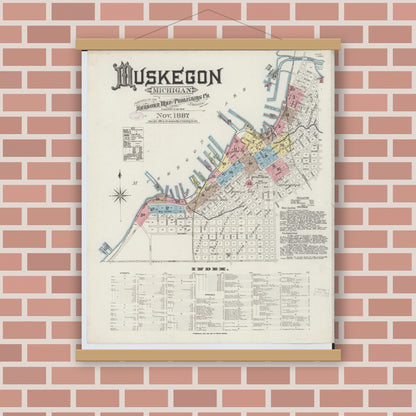 Old map wall art mockup — magnetic wood frame on brick wall — Sanborn Fire Insurance Map from Muskegon, Muskegon County, Michigan (1887) - Complete Map Set