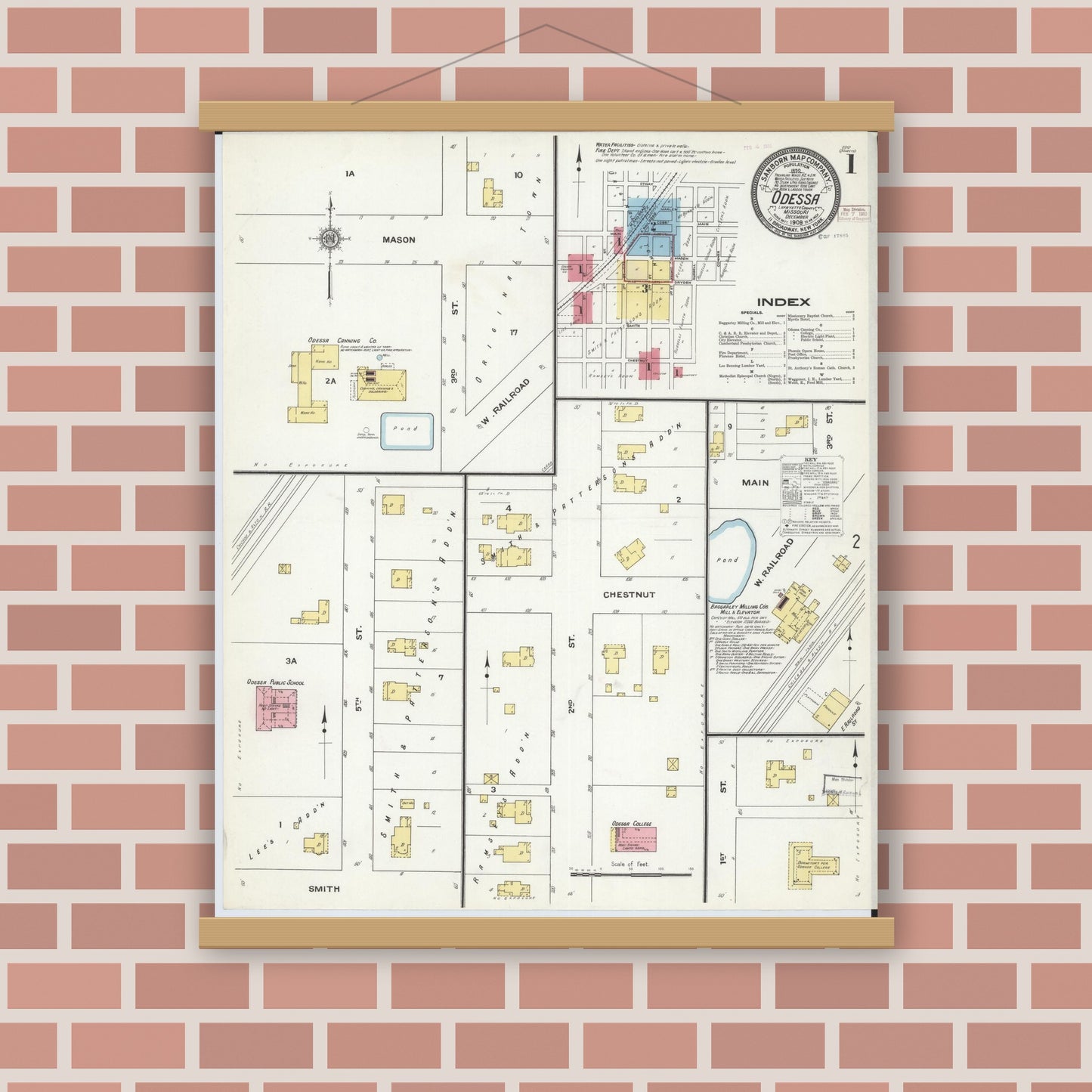Old map wall art mockup — magnetic wood frame on brick wall — Sanborn Fire Insurance Map from Odessa, Lafayette County, Missouri (1909) - Complete Map Set