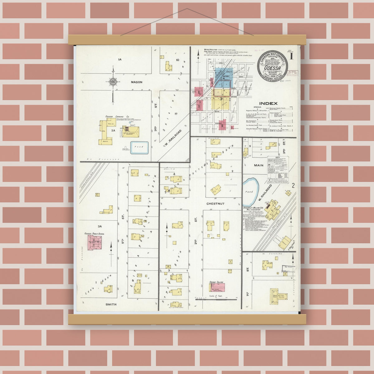 Old map wall art mockup — magnetic wood frame on brick wall — Sanborn Fire Insurance Map from Odessa, Lafayette County, Missouri (1909) - Complete Map Set