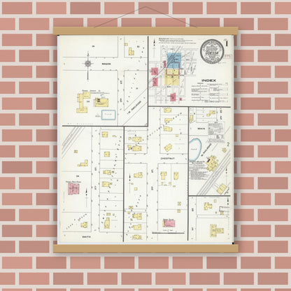 Old map wall art mockup — magnetic wood frame on brick wall — Sanborn Fire Insurance Map from Odessa, Lafayette County, Missouri (1909) - Complete Map Set
