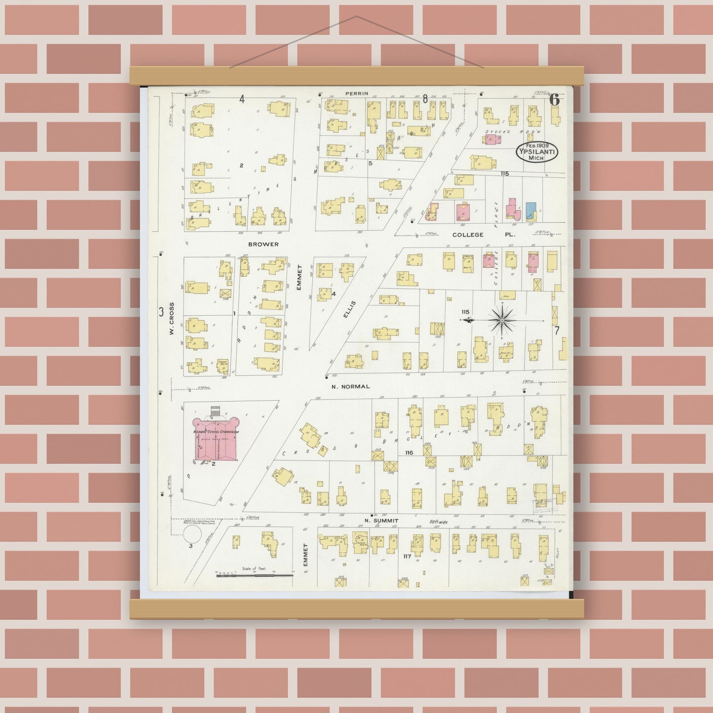 Old map wall art mockup — magnetic wood frame on brick wall — Sanborn Fire Insurance Map from Ypsilanti, Washtenaw County, Michigan (1909), Sheet #0006