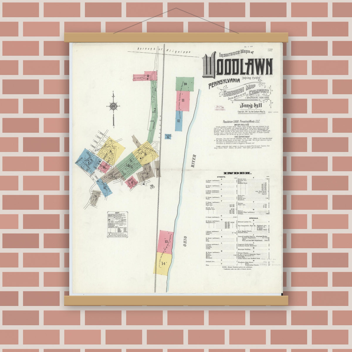 Old map wall art mockup — magnetic wood frame on brick wall — Sanborn Fire Insurance Map from Woodlawn, Beaver County, Pennsylvania (1911) - Complete Map Set