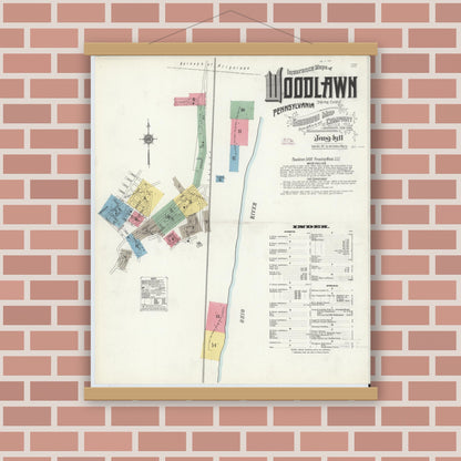 Old map wall art mockup — magnetic wood frame on brick wall — Sanborn Fire Insurance Map from Woodlawn, Beaver County, Pennsylvania (1911) - Complete Map Set