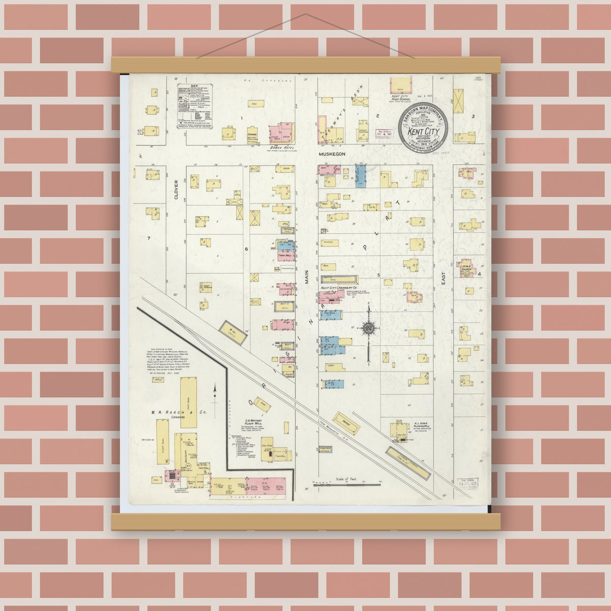 Old map wall art mockup — magnetic wood frame on brick wall — Sanborn Fire Insurance Map from Kent City, Kent County, Michigan (1910), Sheet #0001