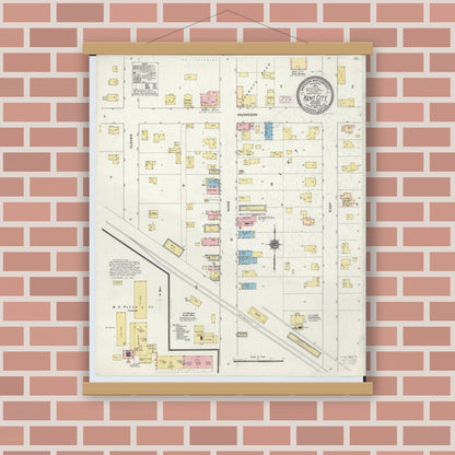 Old map wall art mockup — magnetic wood frame on brick wall — Sanborn Fire Insurance Map from Kent City, Kent County, Michigan (1910), Sheet #0001