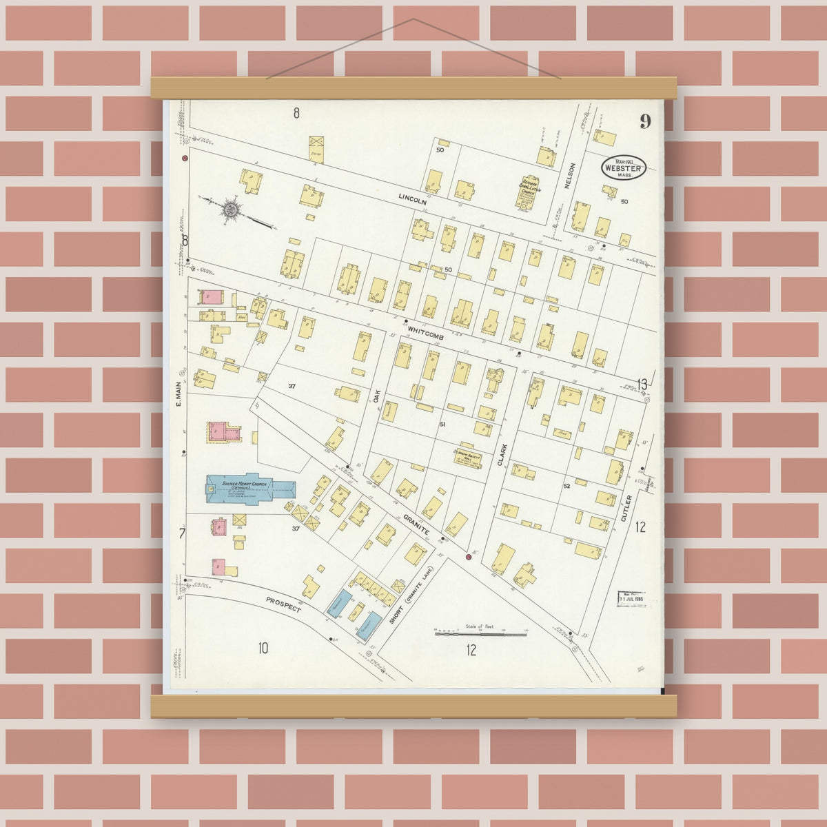 Old map wall art mockup — magnetic wood frame on brick wall — Sanborn Fire Insurance Map from Webster, Worcester County, Massachusetts (1911), Sheet #0009