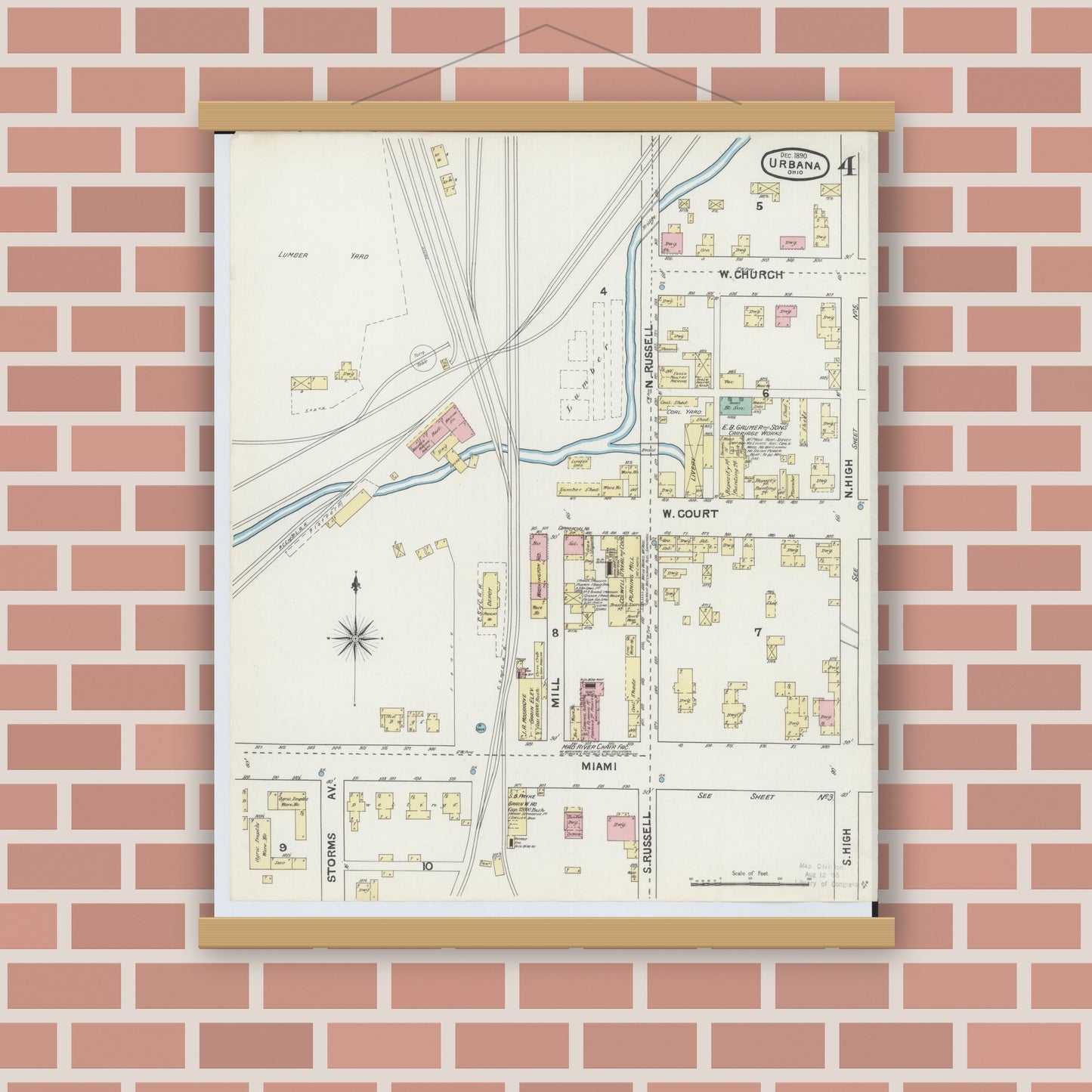 Old map wall art mockup — magnetic wood frame on brick wall — Sanborn Fire Insurance Map from Urbana, Champaign County, Ohio (1890), Sheet #0004