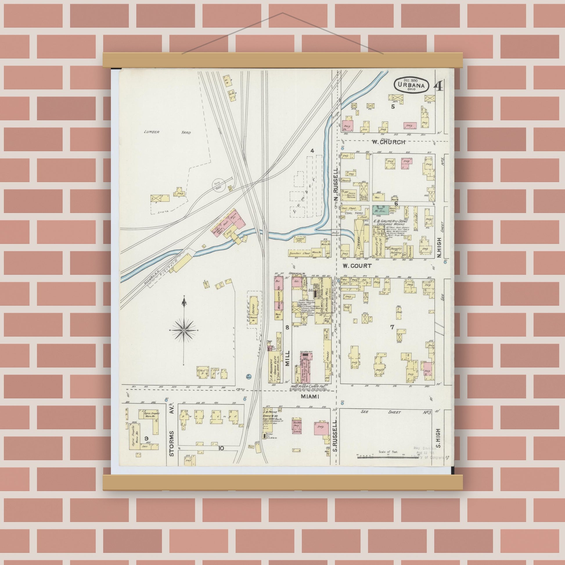 Old map wall art mockup — magnetic wood frame on brick wall — Sanborn Fire Insurance Map from Urbana, Champaign County, Ohio (1890), Sheet #0004