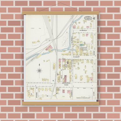 Old map wall art mockup — magnetic wood frame on brick wall — Sanborn Fire Insurance Map from Urbana, Champaign County, Ohio (1890), Sheet #0004