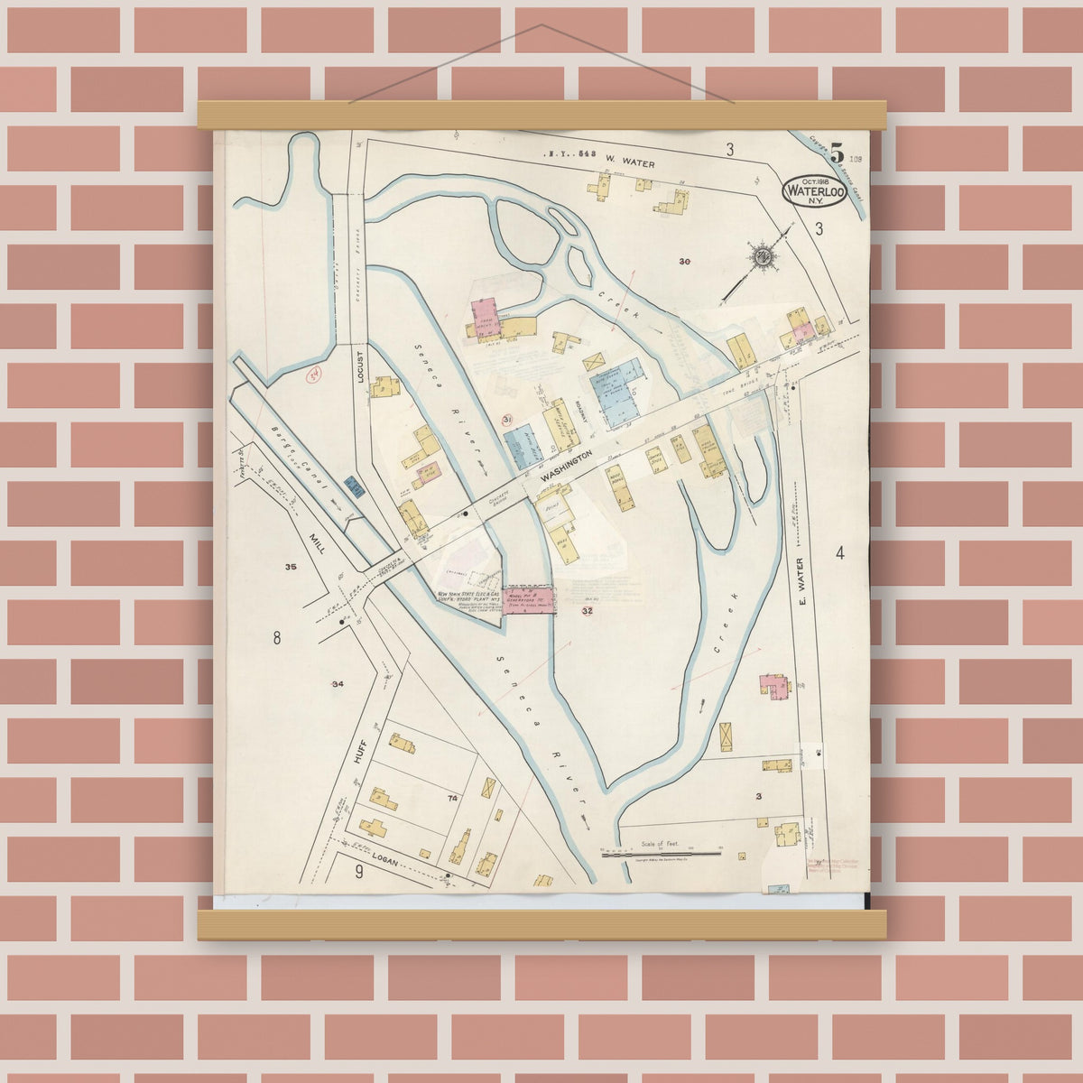 Old map wall art mockup — magnetic wood frame on brick wall — Sanborn Fire Insurance Map from Waterloo, Seneca County, New York (1948), Sheet #0005