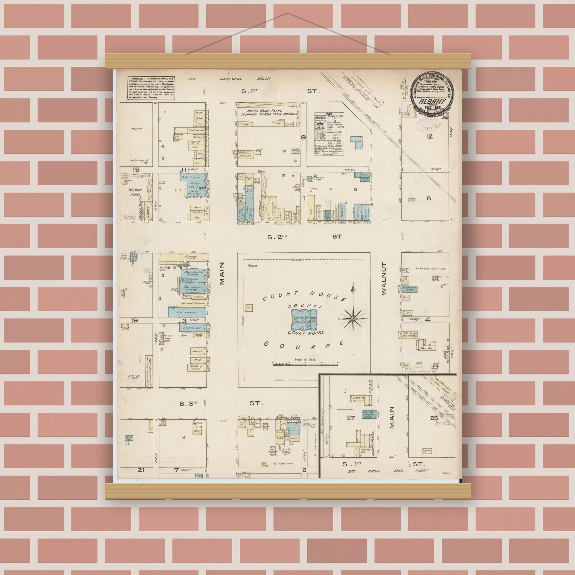Old map wall art mockup — magnetic wood frame on brick wall — Sanborn Fire Insurance Map from Albany, Shackelford County, Texas (1885), Sheet #0001