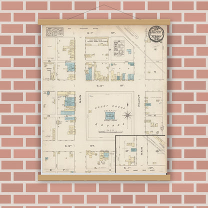 Old map wall art mockup — magnetic wood frame on brick wall — Sanborn Fire Insurance Map from Albany, Shackelford County, Texas (1885), Sheet #0001