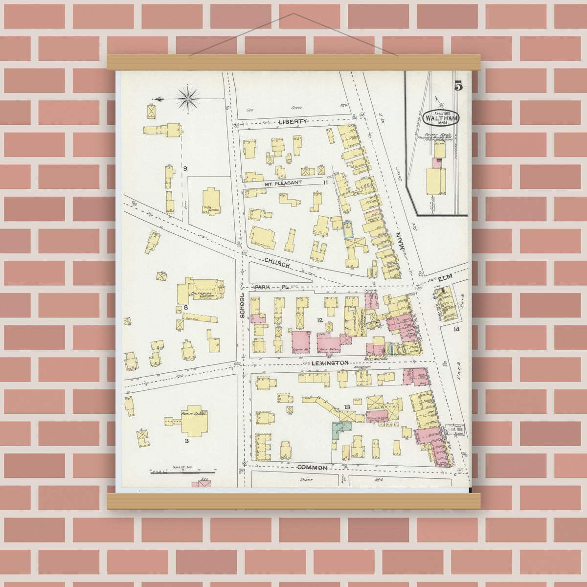 Old map wall art mockup — magnetic wood frame on brick wall — Sanborn Fire Insurance Map from Waltham, Middlesex County, Massachusetts (1892), Sheet #0005