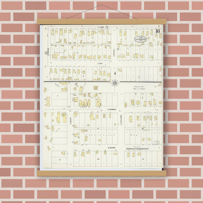Old map wall art mockup — magnetic wood frame on brick wall — Sanborn Fire Insurance Map from Ironwood, Gogebic County, Michigan (1898), Sheet #0016