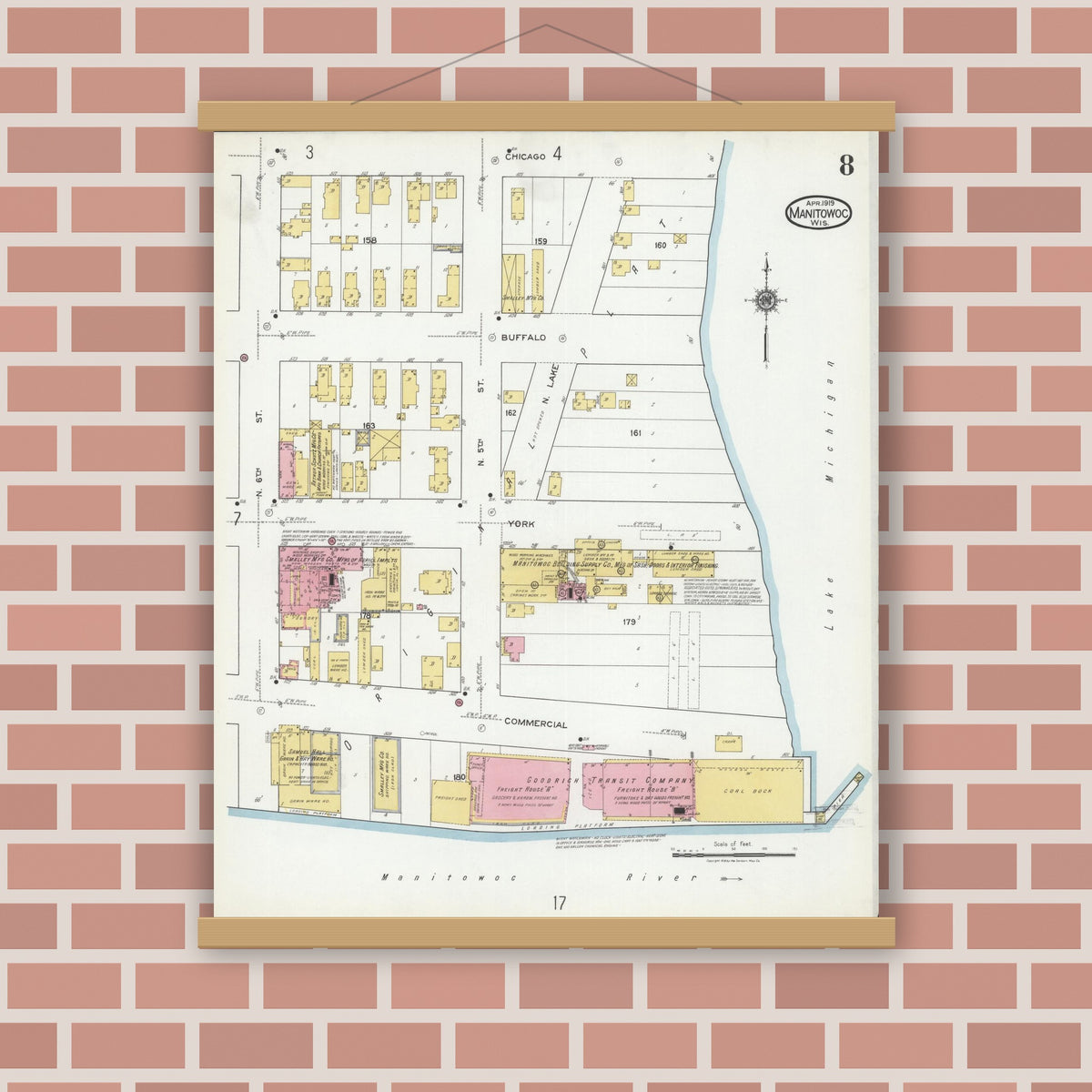 Old map wall art mockup — magnetic wood frame on brick wall — Sanborn Fire Insurance Map from Manitowoc, Manitowoc County, Wisconsin (1919), Sheet #0008