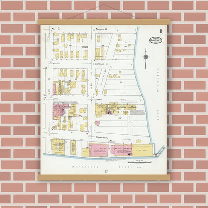 Old map wall art mockup — magnetic wood frame on brick wall — Sanborn Fire Insurance Map from Manitowoc, Manitowoc County, Wisconsin (1919), Sheet #0008