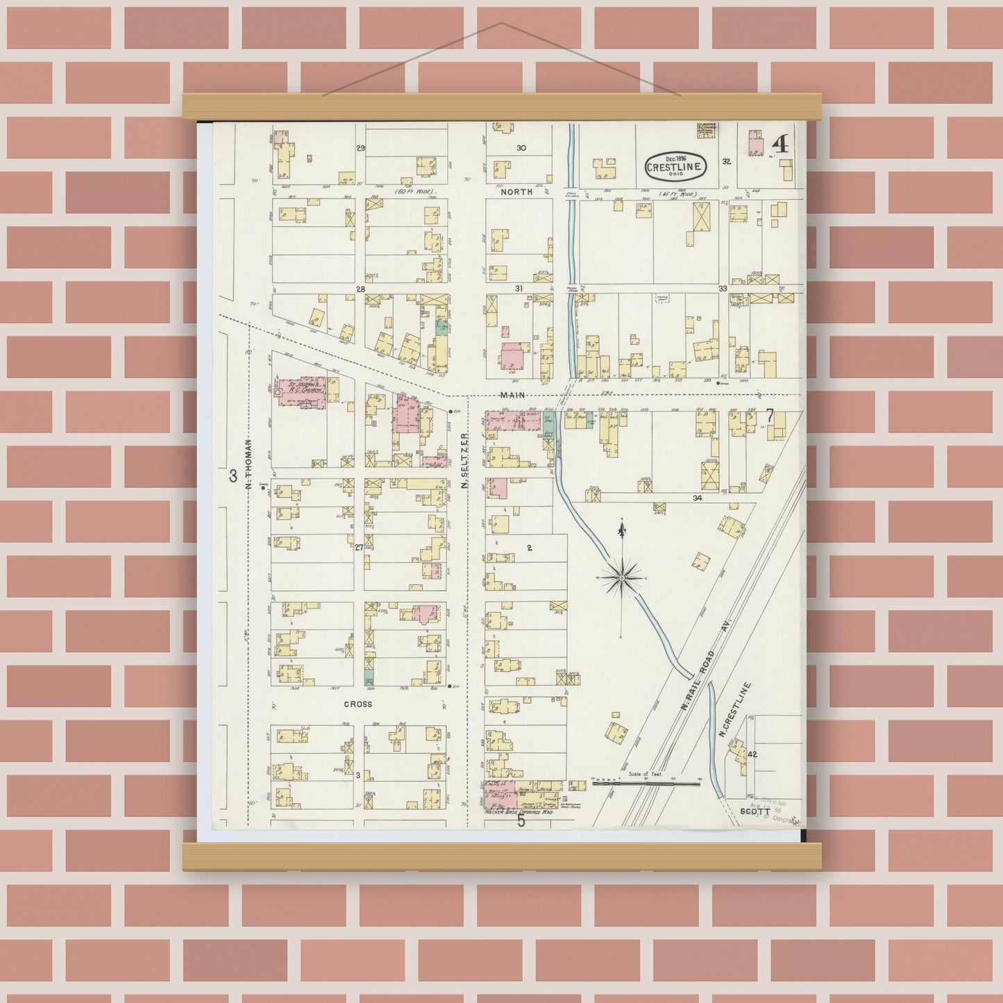 Old map wall art mockup — magnetic wood frame on brick wall — Sanborn Fire Insurance Map from Crestline, Crawford County, Ohio (1896), Sheet #0004