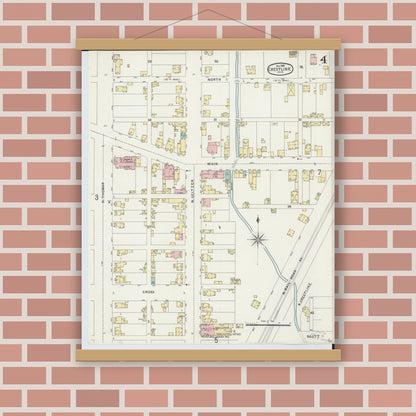 Old map wall art mockup — magnetic wood frame on brick wall — Sanborn Fire Insurance Map from Crestline, Crawford County, Ohio (1896), Sheet #0004