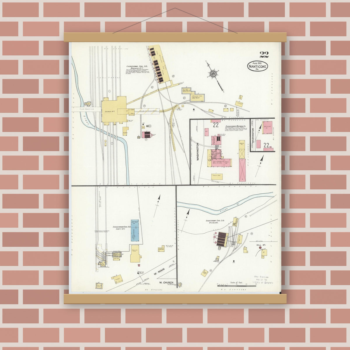 Old map wall art mockup — magnetic wood frame on brick wall — Sanborn Fire Insurance Map from Nanticoke, Luzerne County, Pennsylvania (1912), Sheet #0022