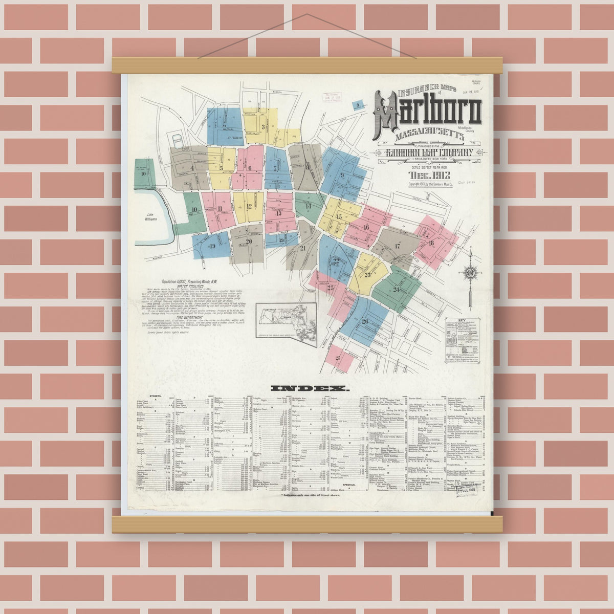 Old map wall art mockup — magnetic wood frame on brick wall — Sanborn Fire Insurance Map from Marlborough, Middlesex County, Massachusetts (1912) - Complete Map Set