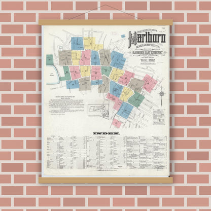 Old map wall art mockup — magnetic wood frame on brick wall — Sanborn Fire Insurance Map from Marlborough, Middlesex County, Massachusetts (1912) - Complete Map Set