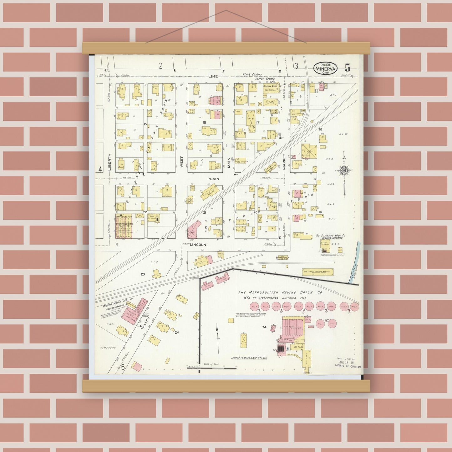 Old map wall art mockup — magnetic wood frame on brick wall — Sanborn Fire Insurance Map from Minerva, Stark And Carroll Counties, Ohio (1915), Sheet #0005