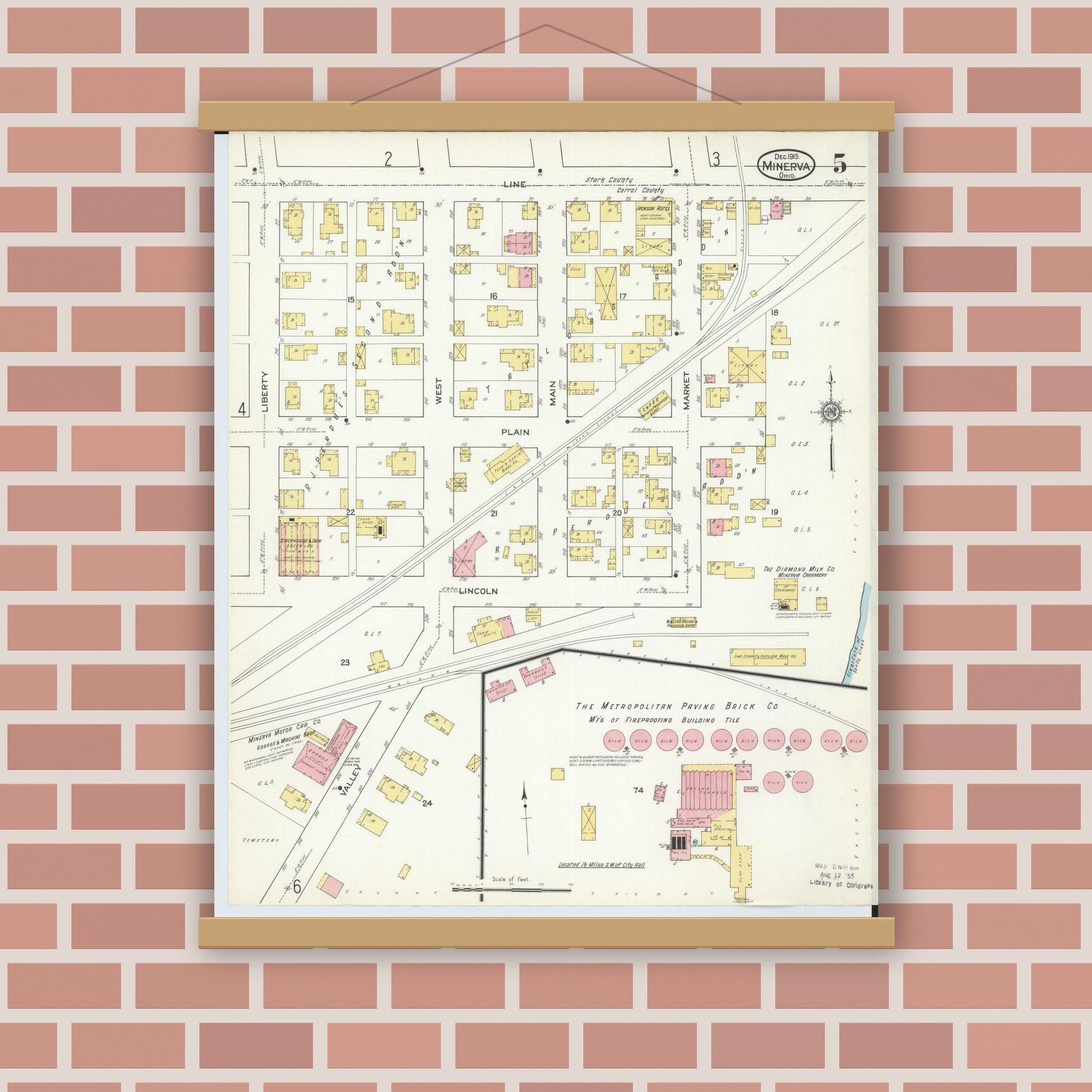Old map wall art mockup — magnetic wood frame on brick wall — Sanborn Fire Insurance Map from Minerva, Stark And Carroll Counties, Ohio (1915), Sheet #0005